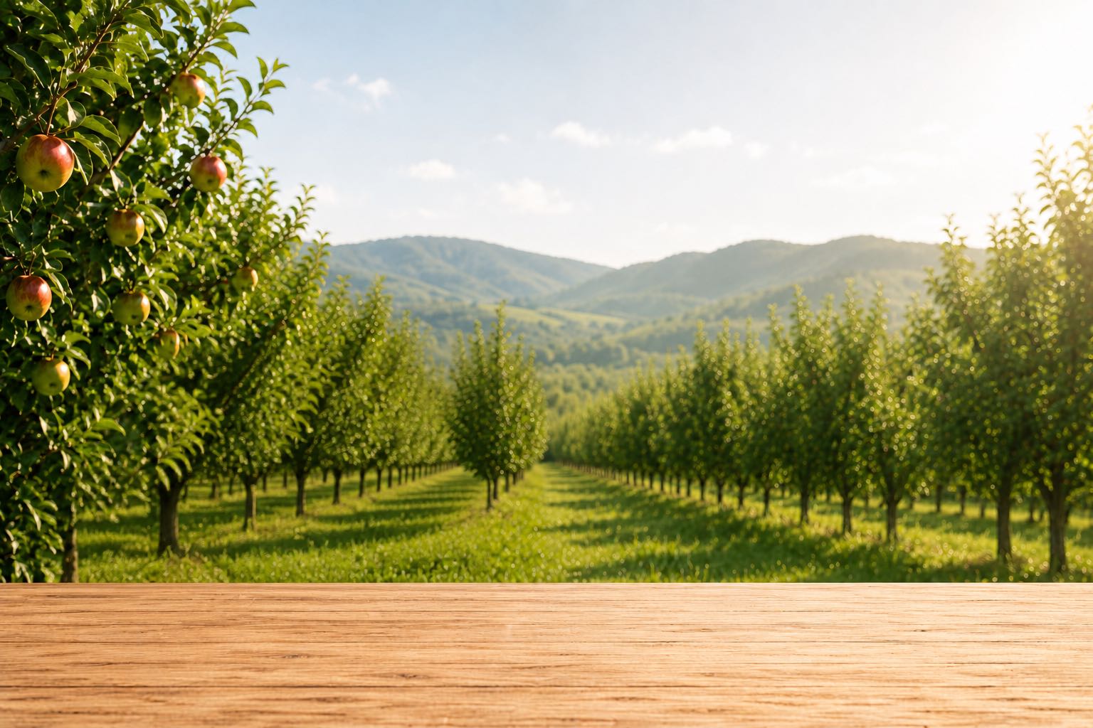 Rows of apple trees in a sunlit orchard beneath green mountains
