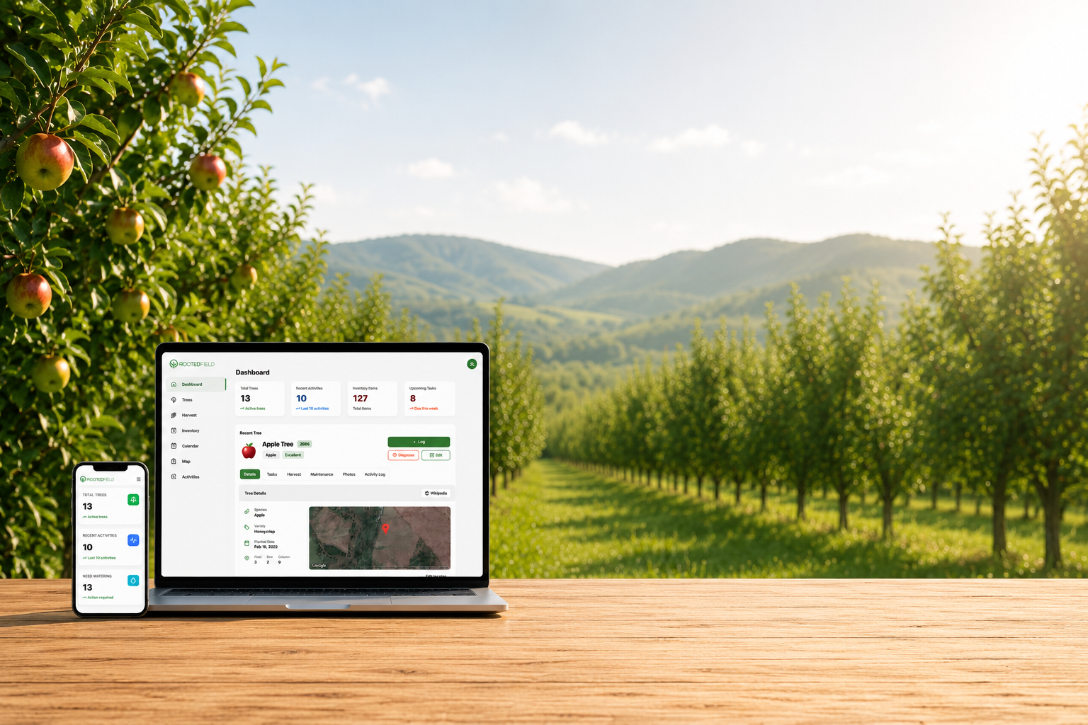 RootedField orchard dashboard with a mapped tree location