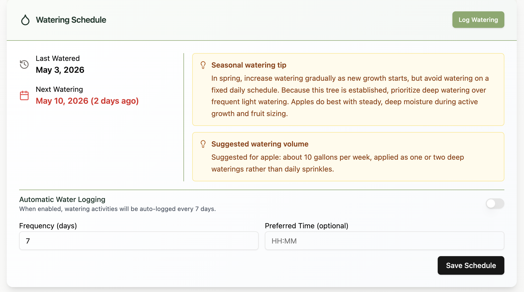 RootedField watering schedule with last-watered date, overdue status, seasonal guidance, and automatic scheduling