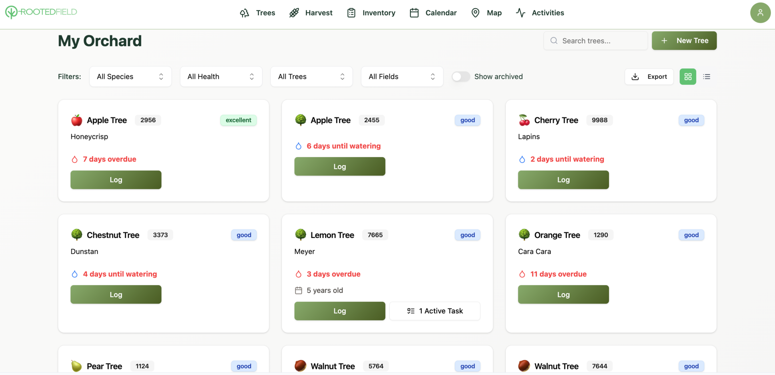RootedField tree management screen with orchard filters, tree records, health status, and watering dates